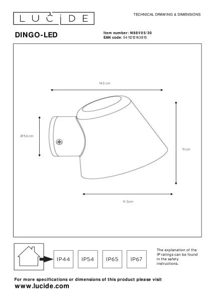 Lucide DINGO-LED - Wandleuchte Innen/Außen - LED Dim. - GU10 - 1x5W 3000K - IP44 - Anthrazit - TECHNISCH